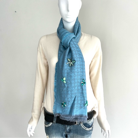 HENRI BENDEL Monogram Sequins 100% Silk Turquoise Blue X Long Wrap Shawl Scarf - Picture 6 of 15